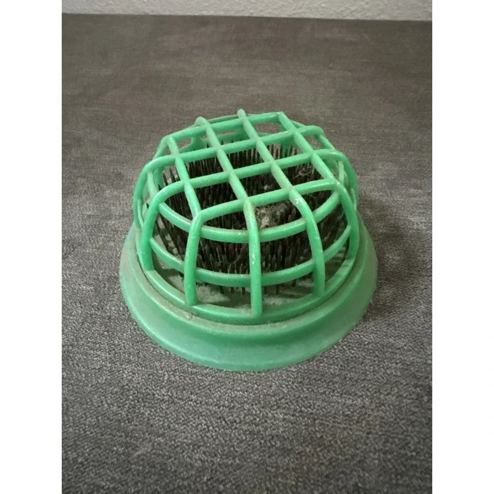 Vintage Metal Spikes Flower Frog Green Plastic Cage 4.5